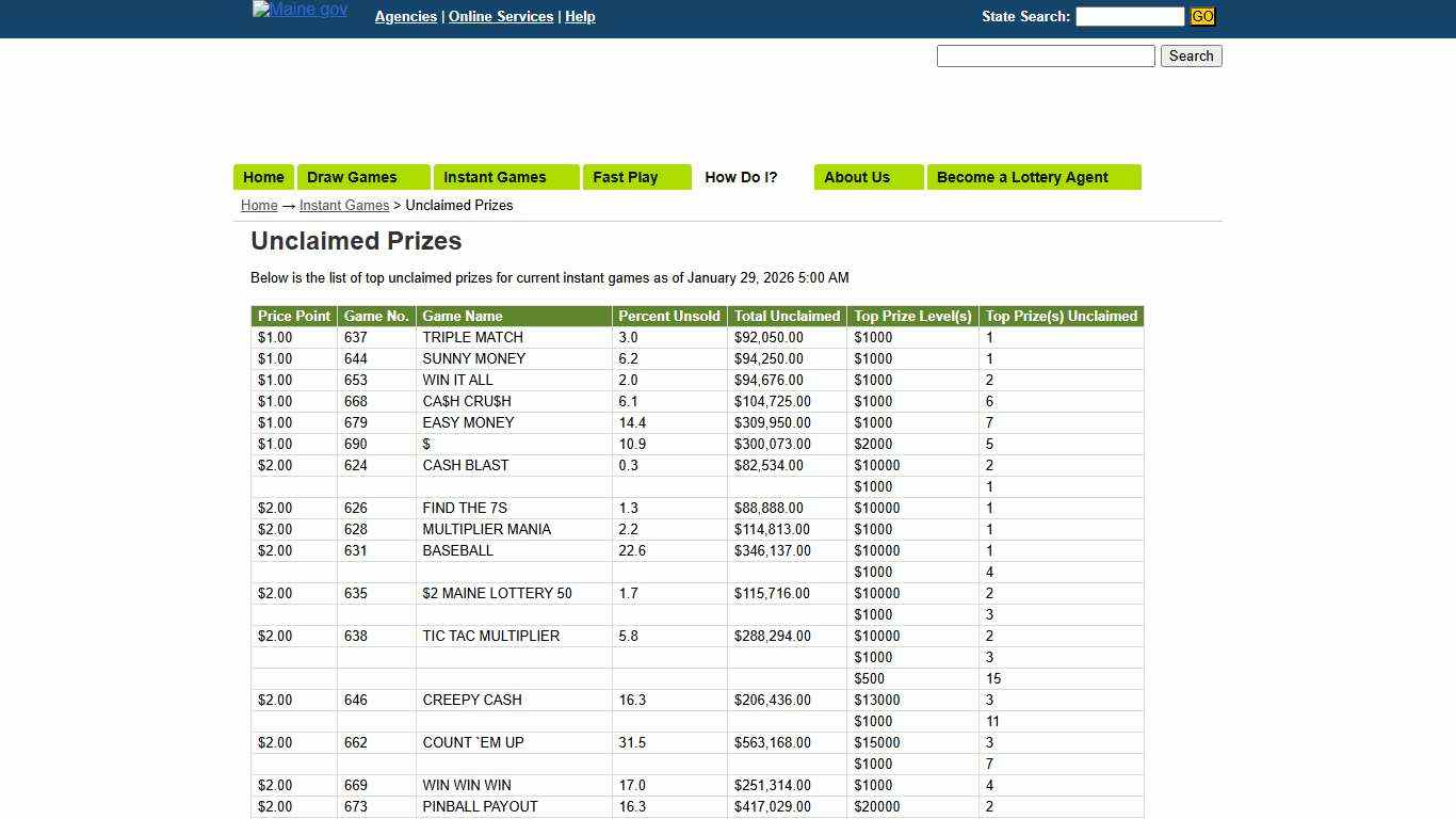 Maine State Lottery: Instant Tickets > Unclaimed Prizes