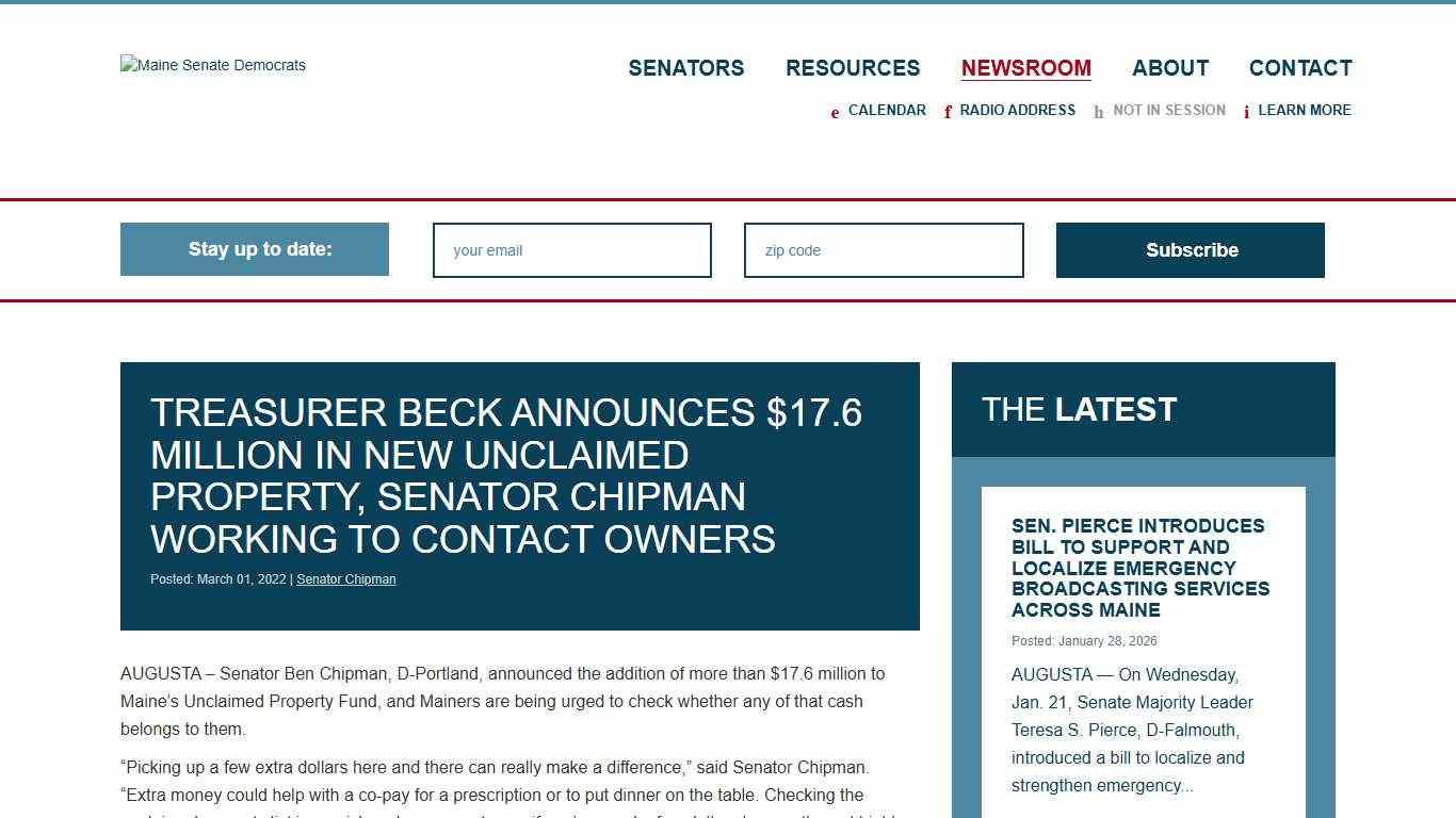 Treasurer Beck announces $17.6 million in new unclaimed property, Senator Chipman working to contact owners - Maine Senate Democrats